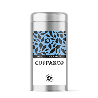 Aluminium tea tin showing Cuppa & Co label pictured on a white background