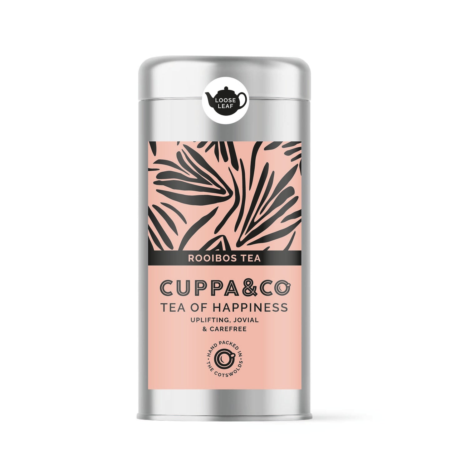 75g tea canister with pale pink label featuring 'Cuppa & Co' branding on a white background