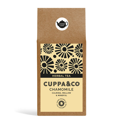 A packaged product labeled 'CUPPA&CO HERBAL TEA CHAMOMILE' with a black and pale yellow floral pattern on the front.