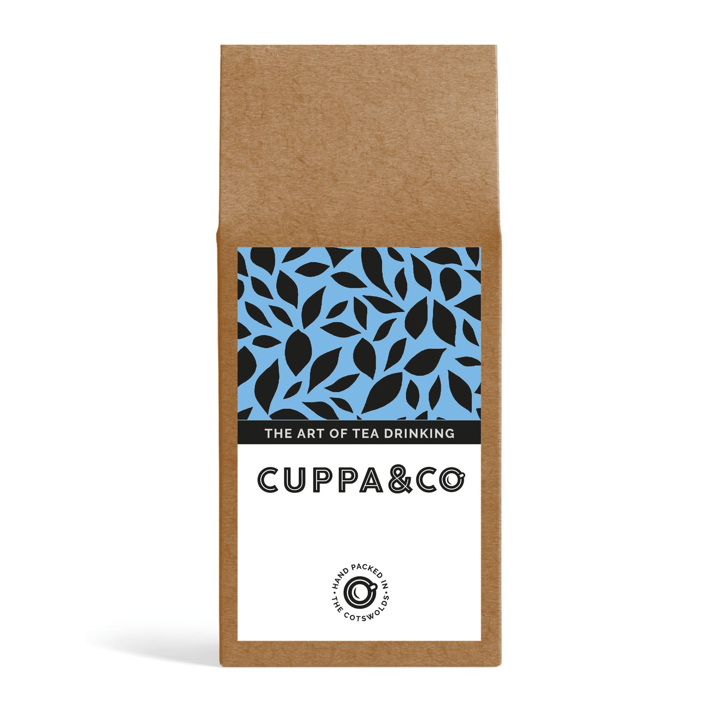 Cuppa & Co tea packaging with a blue leaf design on a white background