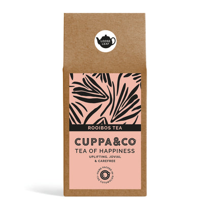 Kraft box tea packaging with pale pink label featuring 'Cuppa & Co' branding on a white background