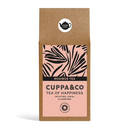 Kraft box tea packaging with pale pink label featuring 'Cuppa & Co' branding on a white background