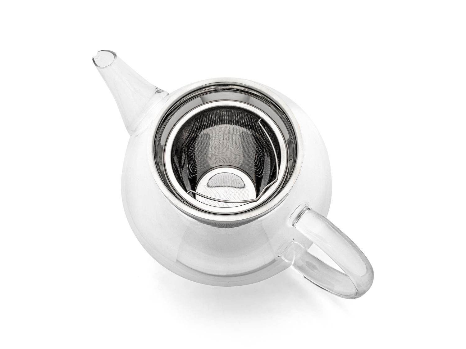 Curved clear glass teapot with metal infuser on a white background