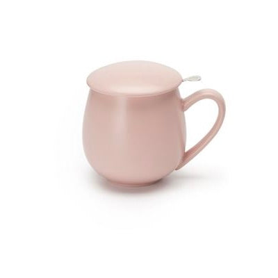 Pink porcelain mug with a matching lid on a white background