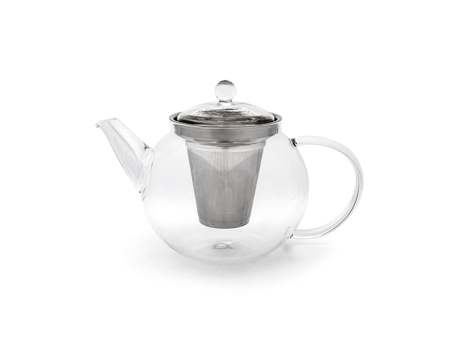 Curved clear glass teapot with metal infuser on a white background