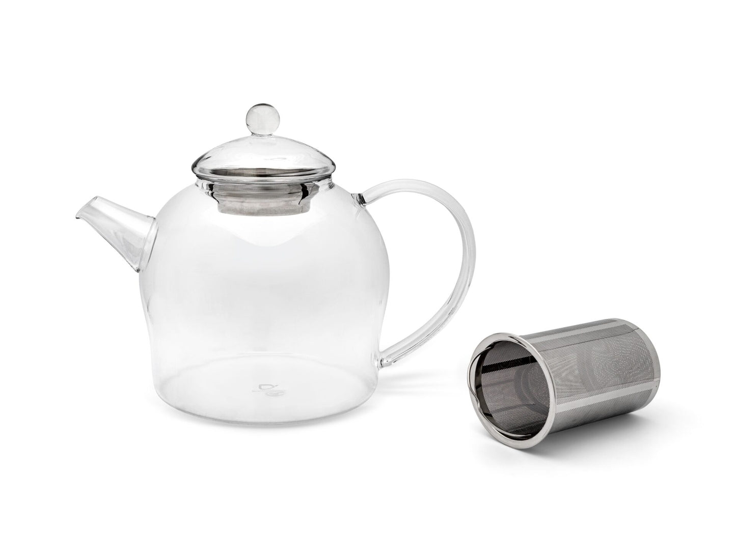 500ml clear glass teapot with stainless steel infuser removed on a white background