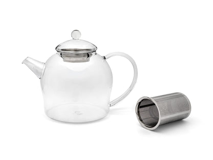 500ml clear glass teapot with stainless steel infuser removed on a white background