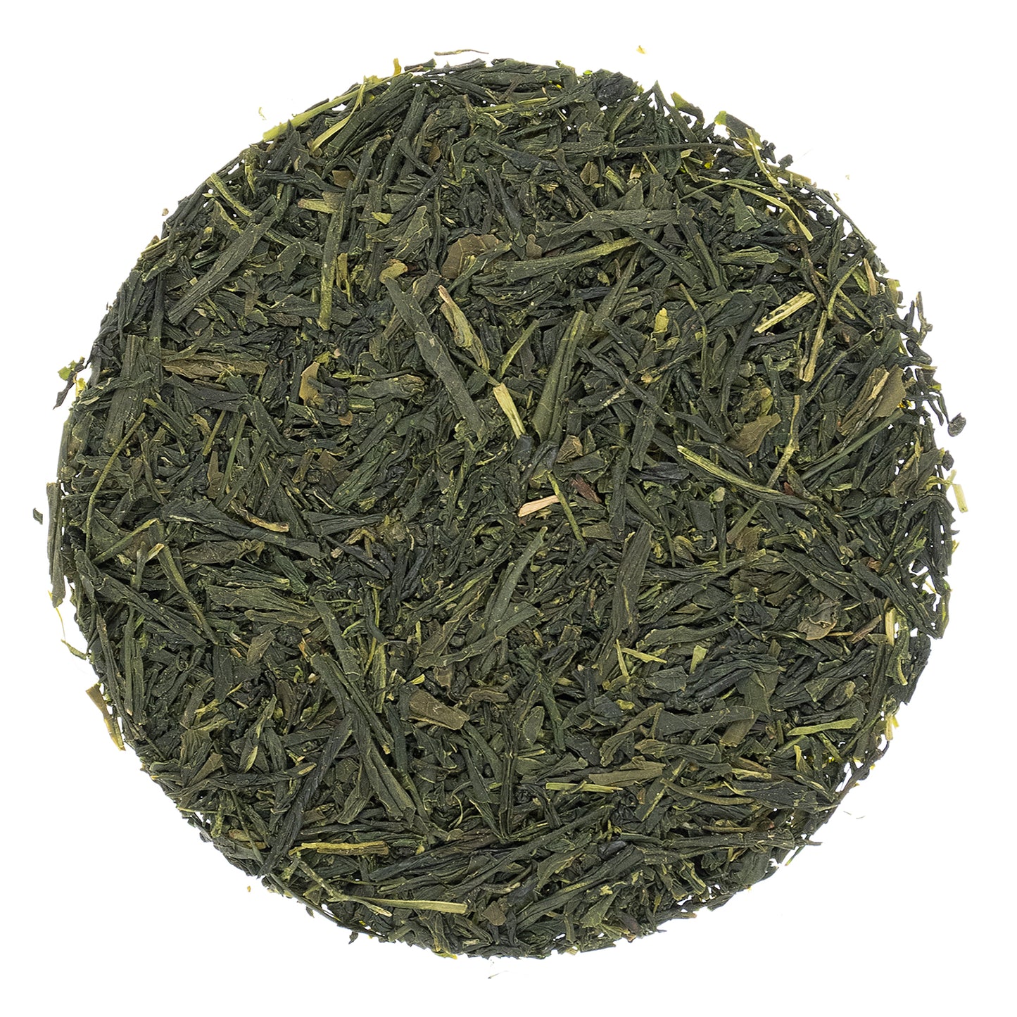 Vibrant green loose leaf Gyokuro tea on a white background
