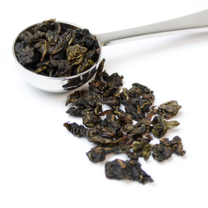 Loose leaf balled Milk Oolong tea in a silver stainless steel teaspoon and spilling onto a white background.