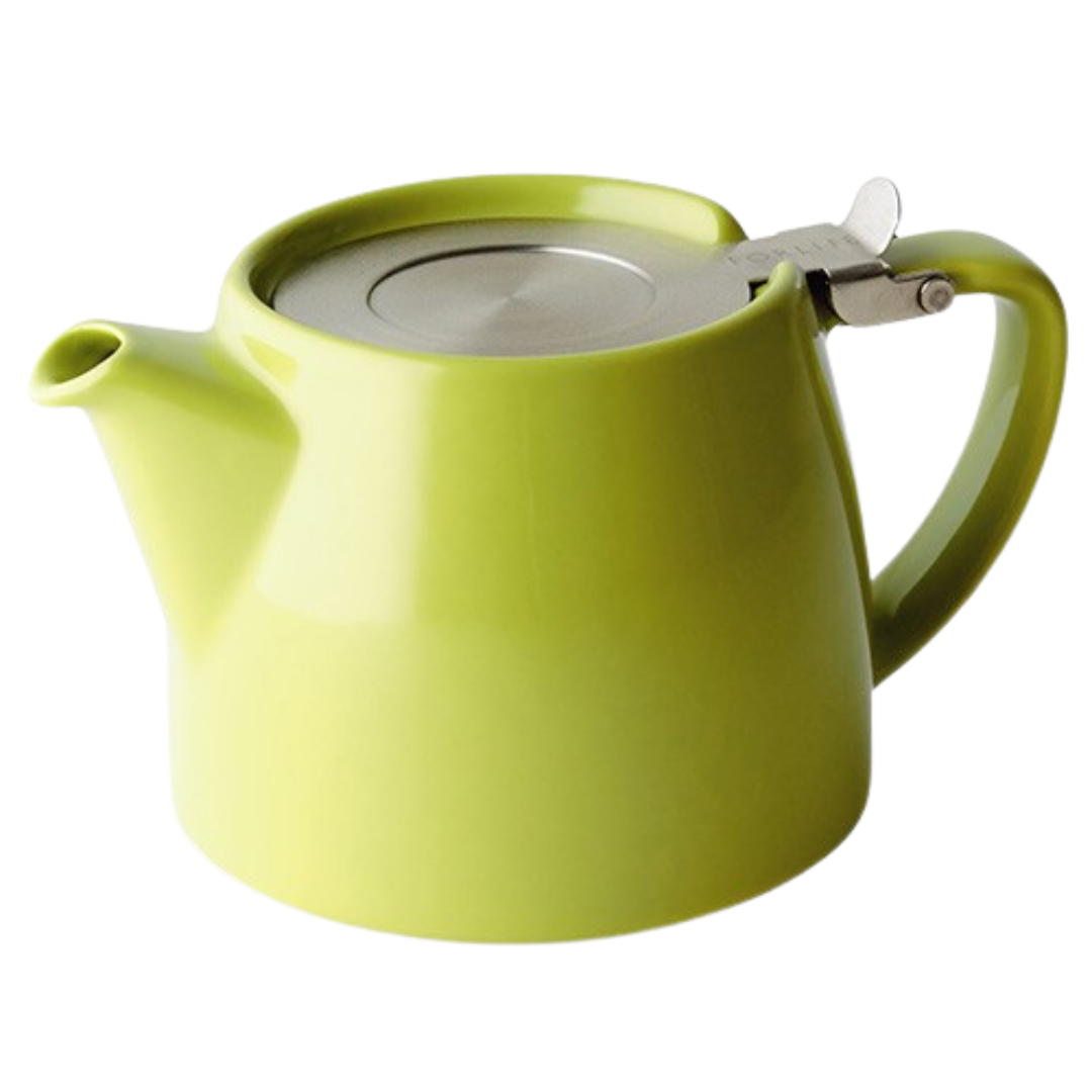 Lime green infuser teapot with a silver lid on a white background