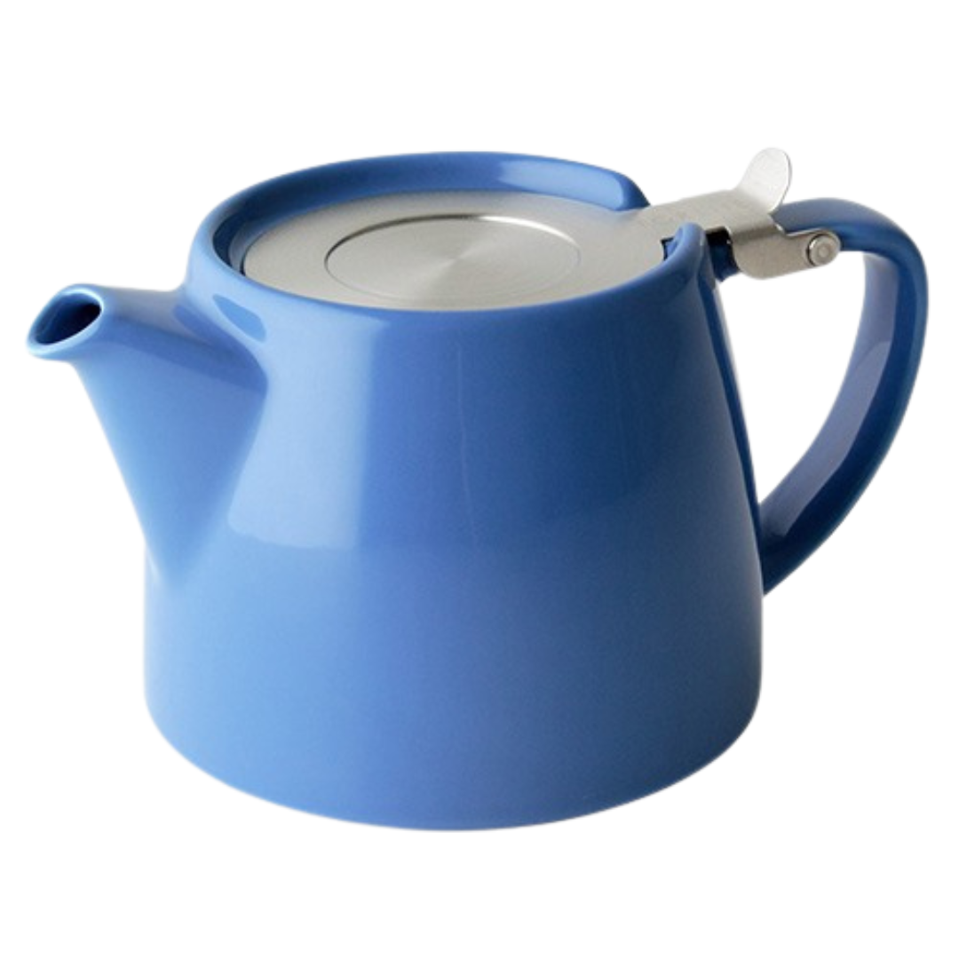 Blue infuser teapot with a silver lid on a white background