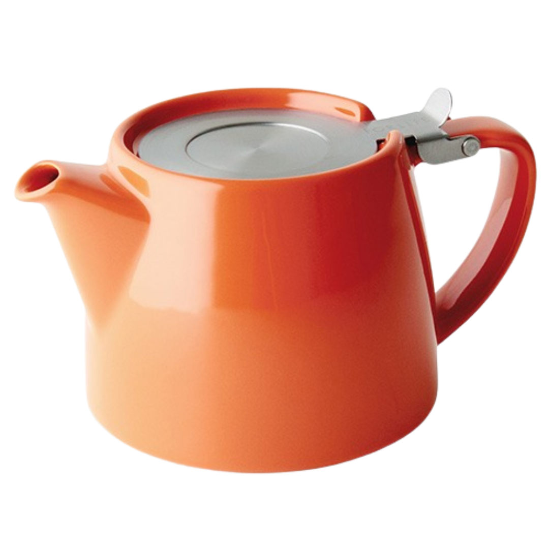 Orange infuser teapot with a silver lid on a white background