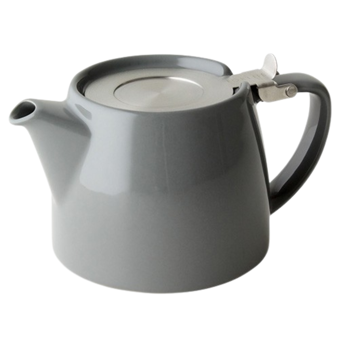 Grey infuser teapot with a silver lid on a white background