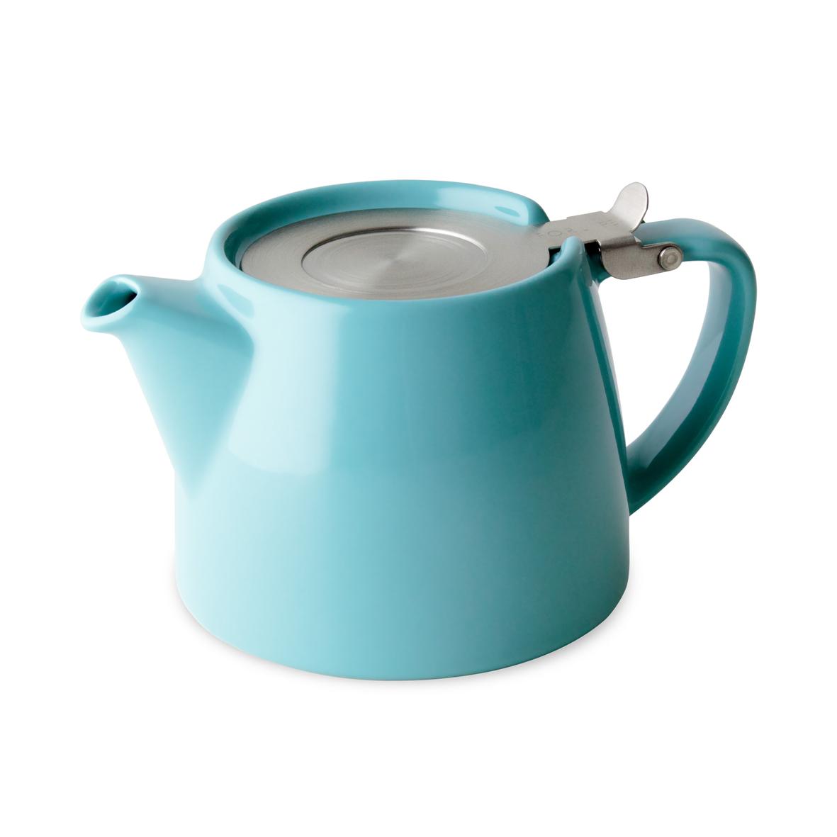 Light blue infuser teapot with a silver lid on a white background